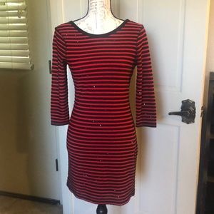 Red black striped dress.